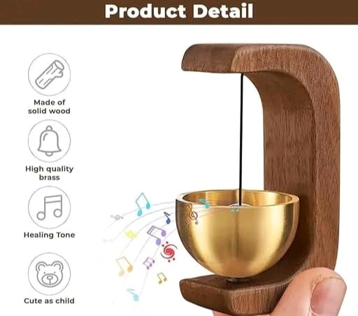 Image of Meditation Singing Bowl with Solid Wood Stand, Brass, Healing Tone, Compact Desktop Decor