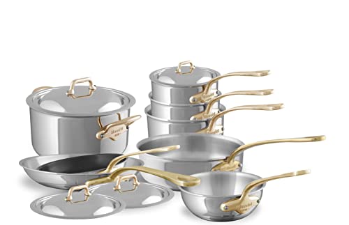 Mauviel M'Cook B 5-Ply Polished Stainless Steel 12-Piece Cookware Set With Brass Handles, Made In France