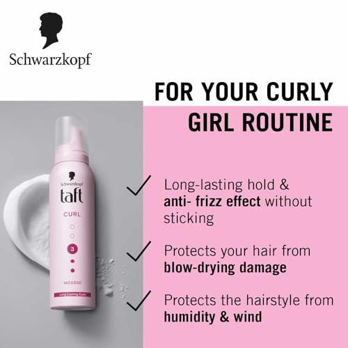 Image of TAFT Schwarzkopf Curl Hold 3 Hair Mousse, For Long Lasting Curls, Weather-Proof Formula With No Stickiness, Heat Protection And Shine, Silicone Free, Lightweight Styler To Controls Frizz, 200Ml