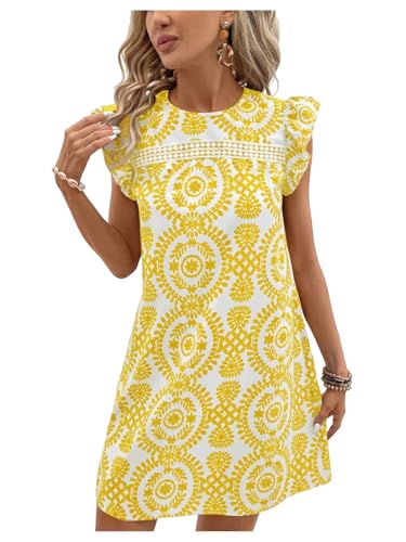 SOLY HUX Women's Summer Boho Tunic Dress Ruffle Cap Sleeve Crewneck Vacation Beach Short Dresses