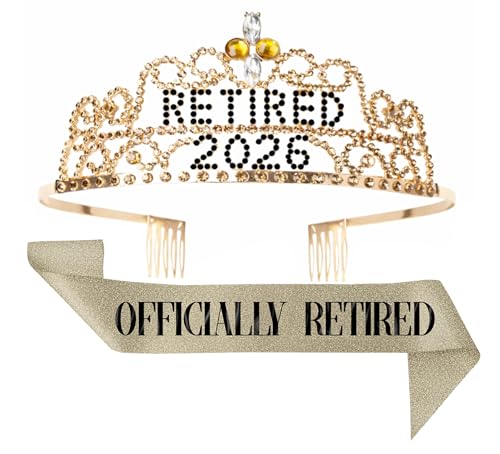 JPACO 2026 Retirement Tiara & Sash - Officially Retired Sash & Crown for Parties Events Gifts Favors and Decorations (2026 Gold)