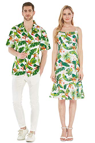 Couple Matching Hawaiian Luau Cruise Outfit Shirt Dress Classic Map White Flamingo
