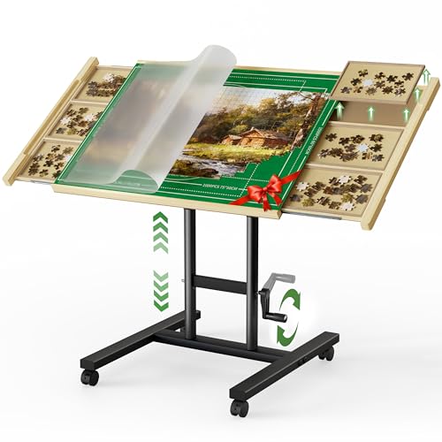 Image of CODACE Puzzle Table with Drawers - Puzzle Tables for Adults with Drawers, Hand-Cranked Height-Adjustable Puzzle Tables with Leg, Tilting Puzzle Board with 6 Tray and Cover, Present for Puzzles Lover