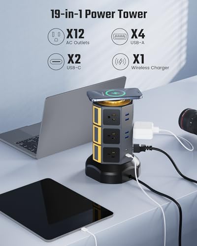 Superdanny Power Strip Tower with 15W Wireless Charger - 12 AC Outlets, 6 USB Ports - Gold