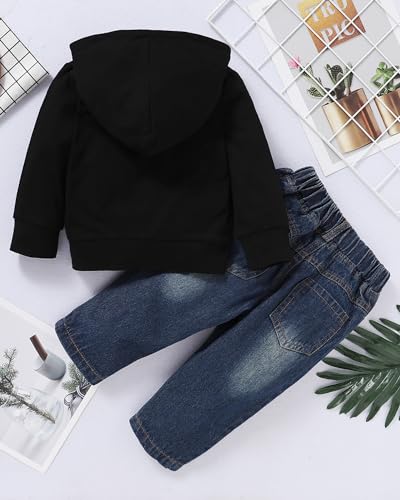 Image of YALLET Toddler Baby Boy Clothes, Long sleeve Letter Hoodies Top+Ripped Denim Pants 2pcs Fall Winter Outfit Sets