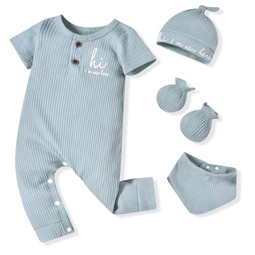 Image of HINTINA Newborn Baby Boy Romper Coming Home Outfits Letter Print Bodysuit Jumpsuit With Hat 4 Pieces Clothes Set
