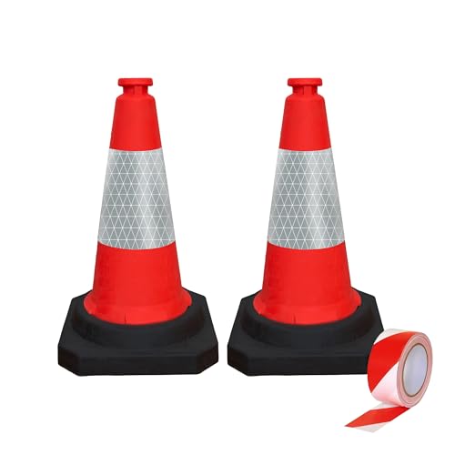 Image of 50CM Traffic Cone with 2” x 50 Meter Warning Tape, High Visibility Safety Cone with Black Base, 20 Inch PE Portable Road Cone for Street, Wind Resistant Reflective Traffic Cone (Set of 2)