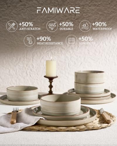 Image of Famiware Stellar Stoneware Dinnerware Set, 12-Piece, Double Reactive Glaze, Plates and Bowls, Service for 4, Microwave and Dishwasher Safe, Scratch-Resistant, Matcha Green