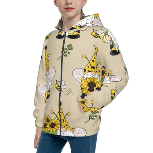 Gnomes Bees And Sunflowers Kids Pullover Hoodies Boys Zip Up Sweatshirts Girls Athletic Clothes with Pocket
