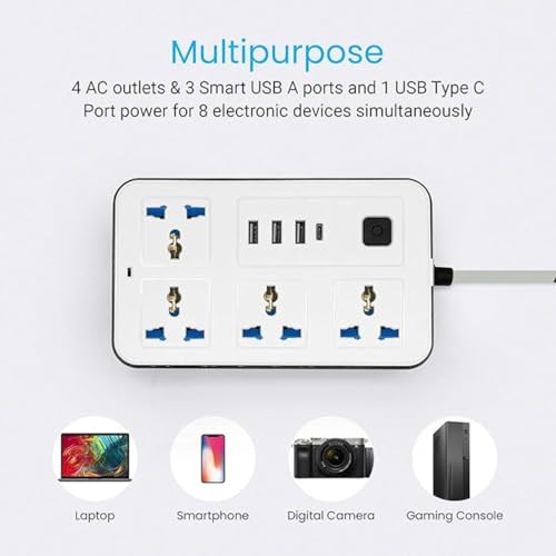 Image of 4 AC Sockets, 3 USB Ports, Type-C Port 2500W Rated Power, 10A Heavy Duty Extension Cord | Surge Protection for Home, Office, Hotels, PC 8-in-1 Power Strip (Black)