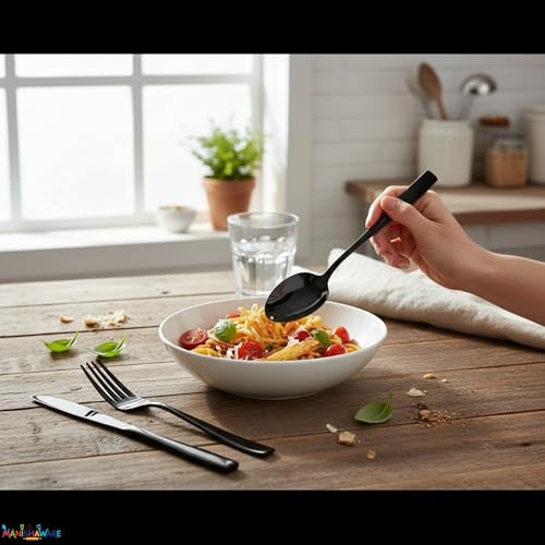 Image of Mirror Polished Black 24 Pcs Stainless Steel Cutlery Set for Dining Table, Dishwasher Safe Glossy Flatware (6 Spoon Set + 6 Forks Set + 6 Butter Knife + 6 Dessert Spoon)