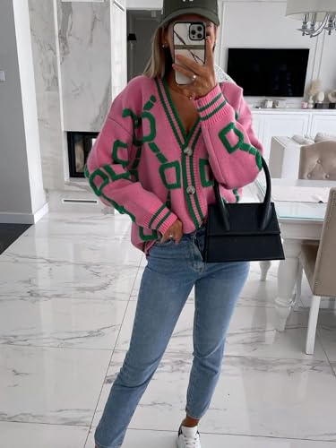 Image of Autumn Winter Style Woman Blouse Knitted Cardigan Slim Fitting Long Sleeved V-Neck Printed Cardigan Jacket Sweater