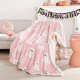 Smoofy Throw Blanket Halloween Blanket with White Ghost Pink Throw Blankets for Bed and Couch Soft Fluffy Fleece Blanket 50x60 inches