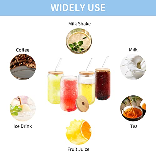 Hoteelee Drinking Glasses With Bamboo Lids And Glass Straw,4Pcs Set,16.9 Oz Can Shape Beer Glasses Cup,Iced Coffee Glass Jar,Cute Tumbler Cup,Soda,Iced Tea,Goblet Cup,Ideal For,Cocktail,Whiskey,Wine #TOP6