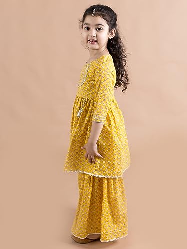 Pspeaches Girls Mustard Yellow Floral Printed Pure Cotton Kurta With Sharara (Yellow-10-12Y)