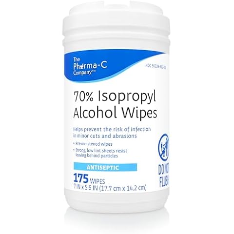 The Pharma-C Company 70% Isopropyl Alcohol Wipes [175ct Wipes] - Large Durable IPA Wipes. First-Aid Antiseptic Wound Cleaner with Moisture Lock Lid. Cover