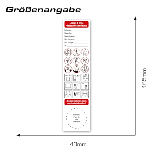LabelTec Gebrauchsanweisung Aufkleber für Leitern und Tritte 40 x 165 mm - Sicherheitssticker zum ausfüllen - selbstklebender Sticker mit Warnhinweisen wasserfest für Betriebe & Wartung LTF012 (10)