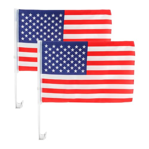 Image of 2PCS US American Car Flag Window Clip, 17 inchx12 inch Double Sided Patriotic Window Flag with Flagpole Mount, Premium Polyester USA Flag Banner Decoration for Vehicle Window