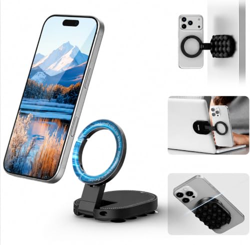 Image of Mizi 3-in-1 Magnetic Phone Holder for Mag Safe, 18 Suction Cup Phone Mount with Carabiner Clip, 360 Rotating & 180 Adjustable Stand, Compatible with iPhone 12-18 & All Phones with Metal Ring, Black