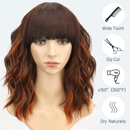 Image of AISI HAIR Ginger and Brown Synthetic Wavy Curly Bob Wig with Bangs Short Wavy Hair for Women Synthetic Heat Resistant Bob Wigs