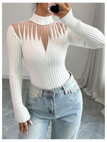 Image of MakeMeChic Women's Mesh Mock Neck Sweater Long Sleeve Rib Knit Fitted Pullovers White Large