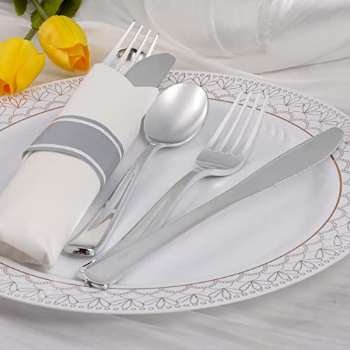 Silver Plastic Silverware With Napkins - 100 Pack Premium Disposable Silver Plastic Cutlery Set, Pre Wrapped Plastic Utensils With 100 Forks, 100 Knives, 100 Spoons, 100 Napkins For Wedding Party #TOP3