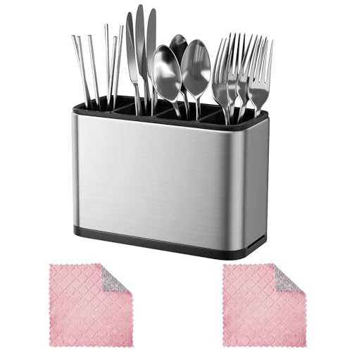 KINGHON Utensil Holder, 4 Divider Cutlery Drainer for Sink, Cutlery Holder with Divider Weighted Base, Stainless Steel Kitchen Organizer for Spoons, Forks, Knives