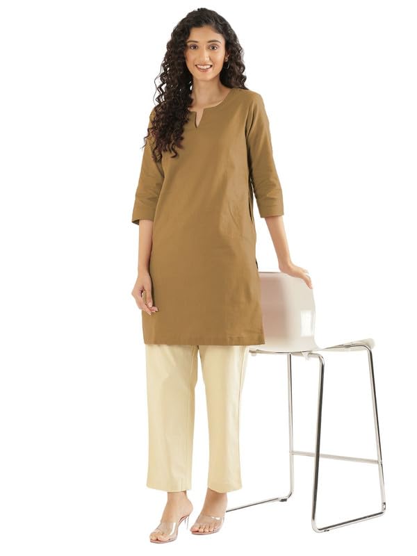 Image of SAADAA Airy Linen Mid Thigh Length Kurta for Women | Stylish Split Neck, 3 /4 Sleeves & Side Pockets | Comfortable Everyday Wear Kurta | Breathable Fabric |