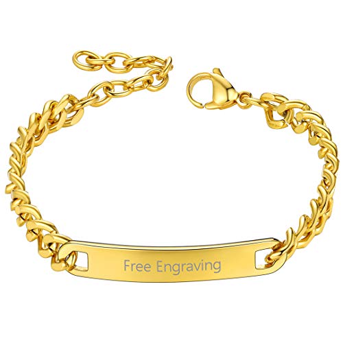ChainsHouse Personalized ID Bracelet for Men Women Stainless Steel Cuban Curb Link Chain Custom Engrave Bar Bracelet Bangle, 7mm Width, 19-21CM, Send Gift Box No Custom 7.0 inches C: Gold--7