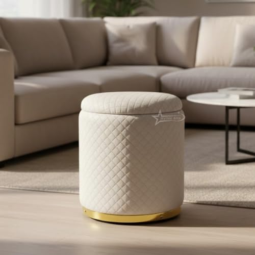 Image of Premium Round Storage Ottoman Stool 16 X 16X 19 inch, with Gold Metal Base | Luxury Pouffe with Hidden Storage | Cushioned Footrest for Living Room, Bedroom & Lounge Cream