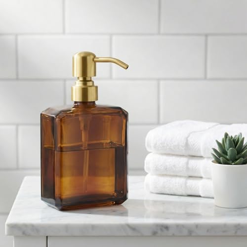 Image of KEMINO Amber Soap Dispenser Square Bottle and Gold Pump, Glass Dish Soap Dispense, Refillable Hand Soap Dispenser with Stainless Steel Pump, 13.5 oz Lotion Dispenser for Bathroom, Kitchen Countertop