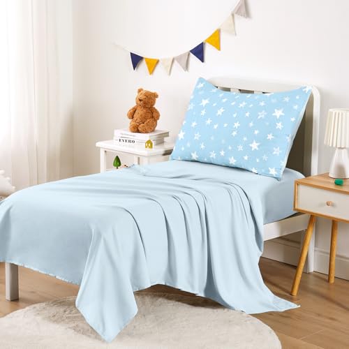 Image of Wake In Cloud - Toddler Bedding Set for Boys Girls, Cute Star Polka Dot, 4 Pieces Soft Crib Bed Set Including Comforter, Sheets and Pillowcase, Sky Blue
