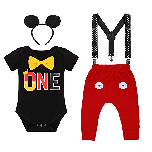 FYMNSI Bébé Garçons 1er Anniversaire Déguisement de Mickey la Souris Ensemble Cake Smash Outfit Barboteuse à Manches Courtes en Coton Pantalon Bretelle Bandeau Costume de Photographie Noir 12-18 Mois
