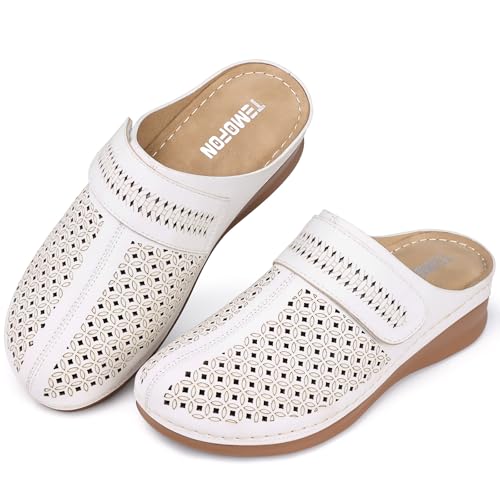Image of TEMOFON Clogs for Women Mules Shoes: Comfortable Arch Support Closed Toe Sandals Backless Low Wedge Slip on Shoes