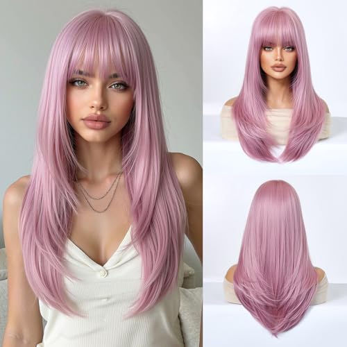Esmee Long Straight Pink Wigs for Women Natural Synthetic Hair Wig for Daily & Party Use