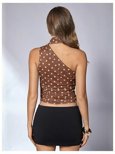 Image of RoseSeek Women's Y2K Leopard Polka Dots Halter Asymmetrical Neck Crop Tops | One Shoulder, Slim Fit, Sleeveless, Cheetah Print, Summer Tops, Scarf Tops, Party, Going Out Tops
