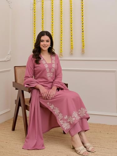 Image of ANNI Designer Pure Cotton Embroidered Kurta Set for Women | Rust Orange Kurta with Pants & Dupatta | Floral Neck & Hem Embroidery | Cotton Kurta Set for Women | 10 Colour Options Available