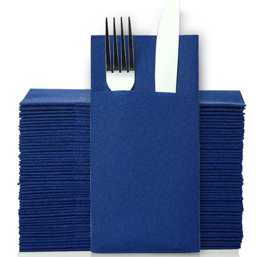 LEKOCH 50 PCS Airlaid Cutlery Napkins - Royal Blue Napkins with Pocket - Disposable Linen Feel - 40 * 40cm