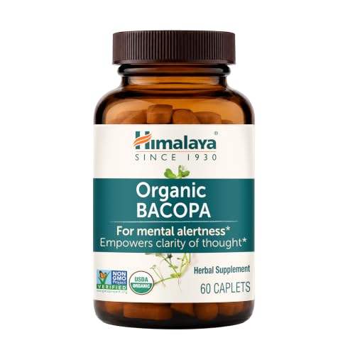 Himalaya USDA Organic Bacopa Monnieri Nootropic Herbal Supplement Brahmi Bacopa Supplements Bacopa Extract Mental Alertness Supports Calm Memory Cognition Non-GMO 750 mg 60 Plant-Based Caplets