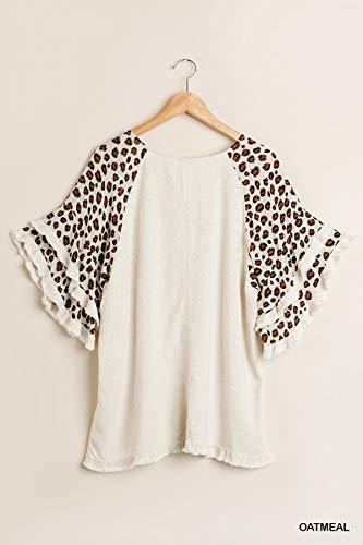 Umgee Women's Animal Print Layered Bell Sleeve Tunic Top (1X, Oatmeal) #TOP3