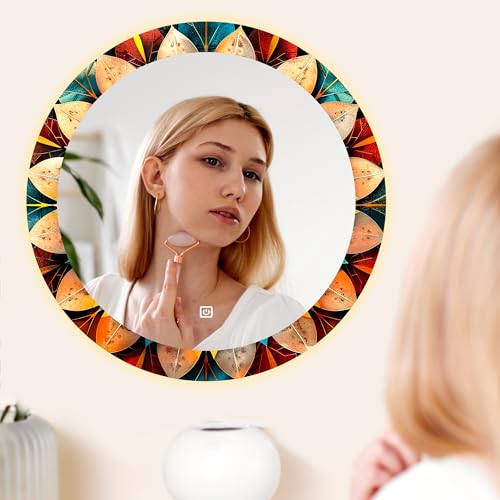 Image of NEVEX Glass Round 24x24 Inch Decorative Art Unique UV Printed Smart LED Mirror with 3 Color Lights (Warm White, Cool White & Natural White) | Fancy Wash Basin Wall Mirror for Modern Home Decor