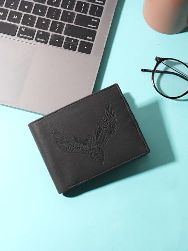 Image of VEMILIO Vegan Leather Wallet for Men | Eagle Print Embossed Premium Bifold Wallet | 3 Card Slots | 2 Cash Compartments | 1 Coin Pocket & 2 Secret Slots | Stylish, Durable & Gift for Men (Eagle, Black)