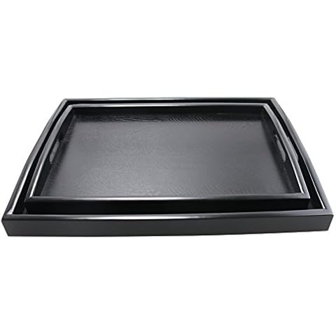 DILLMAN Serving Tray Large Black Wood Rectangle Food Tray Butler Tray Breakfast Tray with Handles (Large+Small) Cover