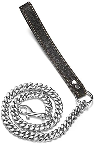 3/4/5FT Strong Dog Chain Leash Silver Cuban Link Training Leash Width 10mm/14mm Waterproof Chew-Proof Stainless Steel with Genuine Leather Handle Leash for Small, Medium Large Dogs(14mm,4FT)