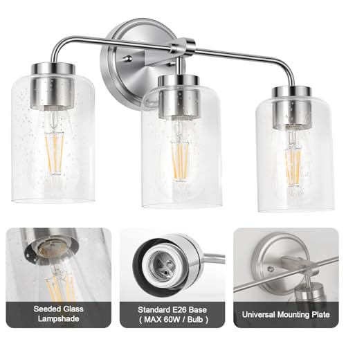 Image of 3-Light Bathroom Light Fixtures, 18 inch Brushed Nickel Vanity Light | Thick Seeded Glass, Bathroom Wall Lamp for Mirror, Rust-Proof, Reversible Up /Down Mount, ETL Certified, E26 Ceramic Sockets