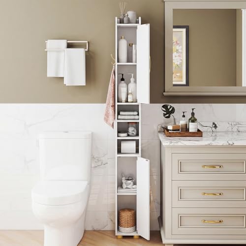 Image of Tangkula Narrow Bathroom Cabinet, 69.5 inch Tall Storage with 2 Doors & Adjustable Shelves, Toilet Paper Rod & Side Hook, Anti-toppling Design, Slim Floor Cabinet for Small Spaces (White, 2 Pack)