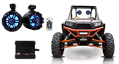 Rockville Audiosavings Bundle: (1) Pair WB65KLS Metal Marine Wakeboard LED Tower Speakers Bundle with MTX MUD100.2 200 Watt RMS 2-Channel Amplifier Amp for Polaris RZR/ATV/UTV/Cart (3 Items)