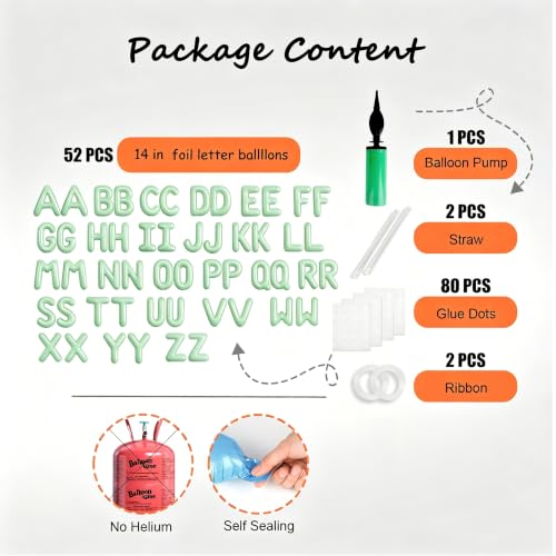 Image of Sage Green Letter Balloons, 52 Pcs Alphabet Balloon Kit for Party Banner | Individually packed for easy sorting; equipped with hand pump for fast inflation, fully inflated state lasts multiple days