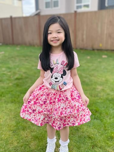 Image of Disney Frozen Elsa Stitch Minnie Princess Toddler Girls' T-Shirt & Double Ruffle Skirt 2 Piece Outfit Summer Clothes Set 2-9Y