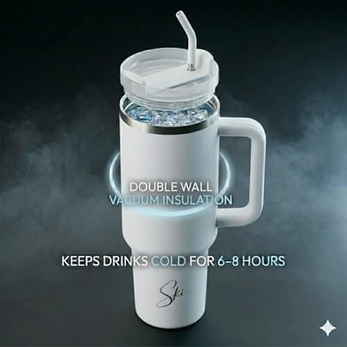 Image of SKi Homeware Insulated Tumbler Mug, 1250 ML, Stainless Steel, with Handle and Straw (White)
